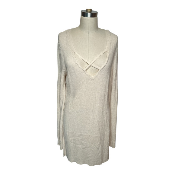 Free People Ivory Cross Neckline Side Slit Long Sleeve Knit Tunic Sweater Size L - Picture 4 of 8